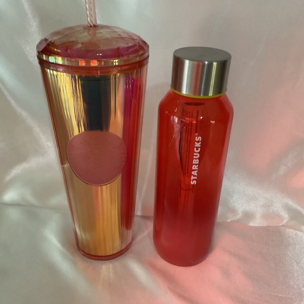 Starbucks Iridescent Tumbler & Red Stainless Steel Water Bottle Set For Hot & Co